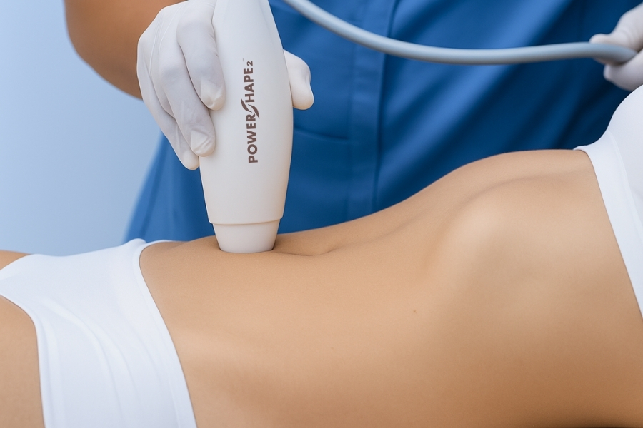 Aplicación clínica del tratamiento de PowerShape2 en zona abdominal durante protocolo de remodelación corporal con radiofrecuencia
